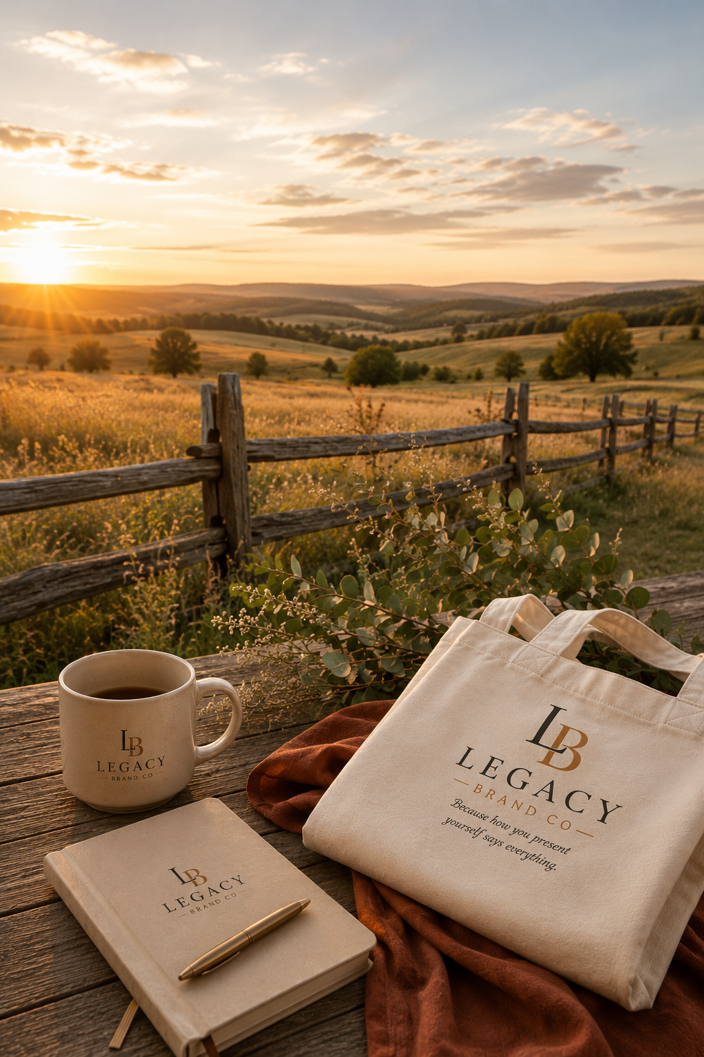 Legacy Brand Co branded mug, tote, and notebook in a warm countryside setting